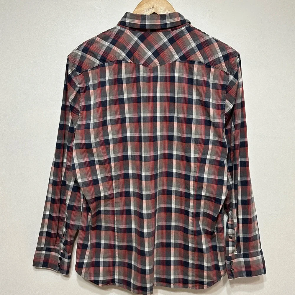 Banana Republic Pearl Snap Western Shirt Mens Large Plaid‎ Long Sleeve Cowboy